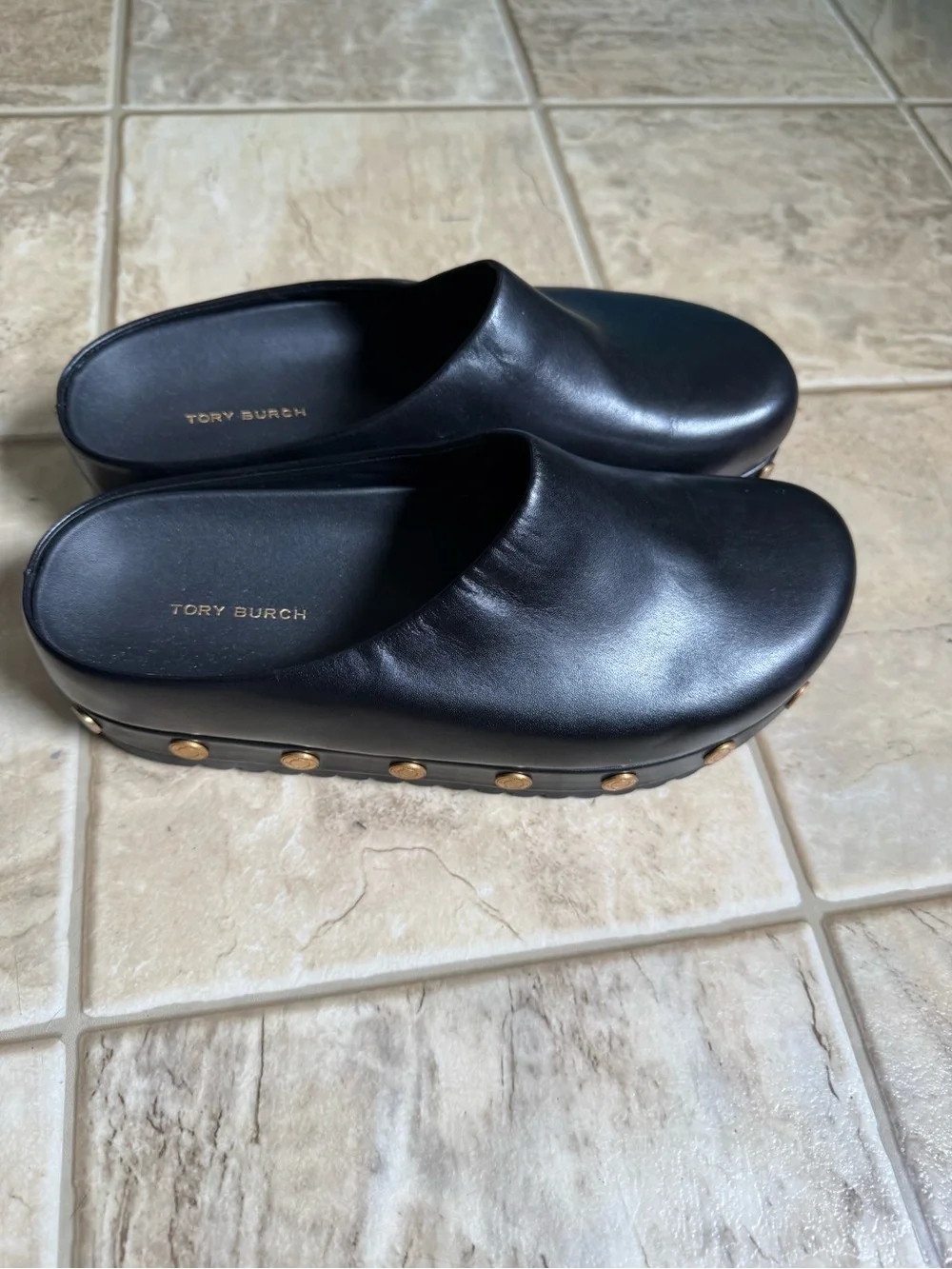 Tory Burch Black Leather Platform Clogs with Gold Studs